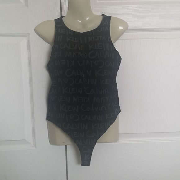 Calvin Klein Ladies Signature Logo Bodysuit With Zipper Front Small Black & Gray - Picture 1 of 16
